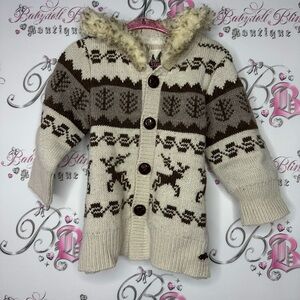 Roots outdoors sweater button up knitted fur trim hood kids unisex brown crochet